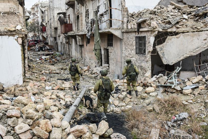 Soldiers use a dog to help them pick through broken buildings in the heart of the ancient city