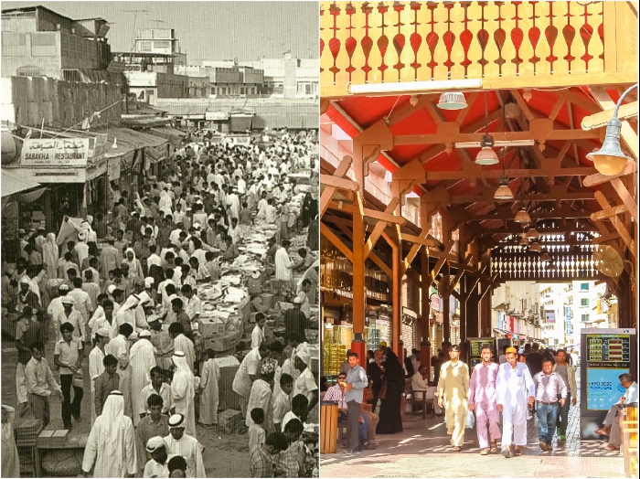 Одна из рыночных площадей Дубаи в 1950-е гг. и Рынок золота в 2018 г. | Фото: ismail-shan.ucoz.com/ meghashop.com.