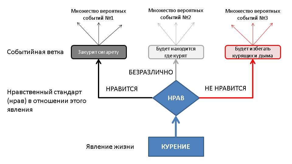 Пример разных типов нравов по отношению к явлению Курение и связанных с ними веток вероятностных событий